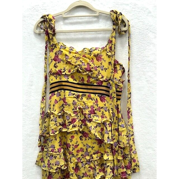 For Love & Lemon Womens Maison Floral Dress Ruffle Hi-Low Hem Yellow Size M - Picture 4 of 11